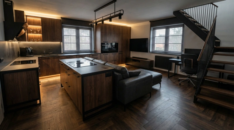 Дизайн кухни в стиле Блэктэк — фото интерьера от нейросети RoomGPT