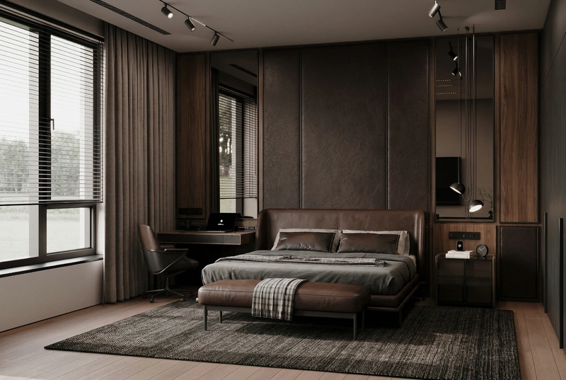 Дизайн спальни в стиле Блэктэк — фото интерьера от нейросети RoomGPT