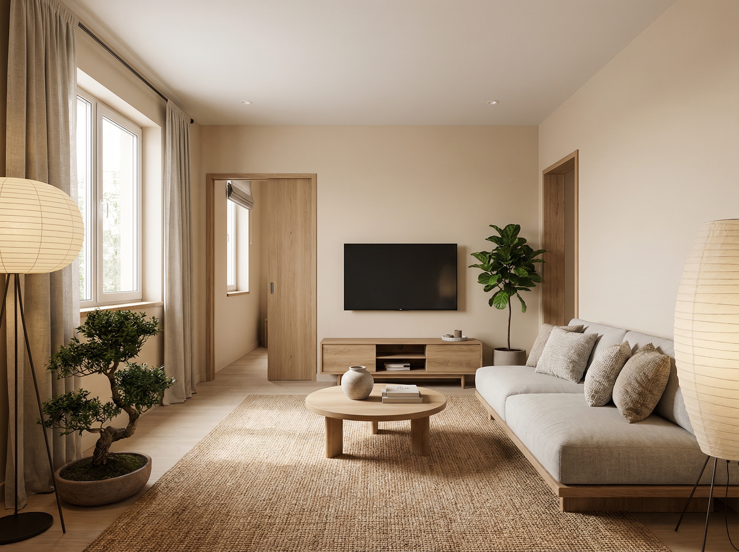 Дизайн гостиной в стиле Japandi — фото интерьера от нейросети RoomGPT