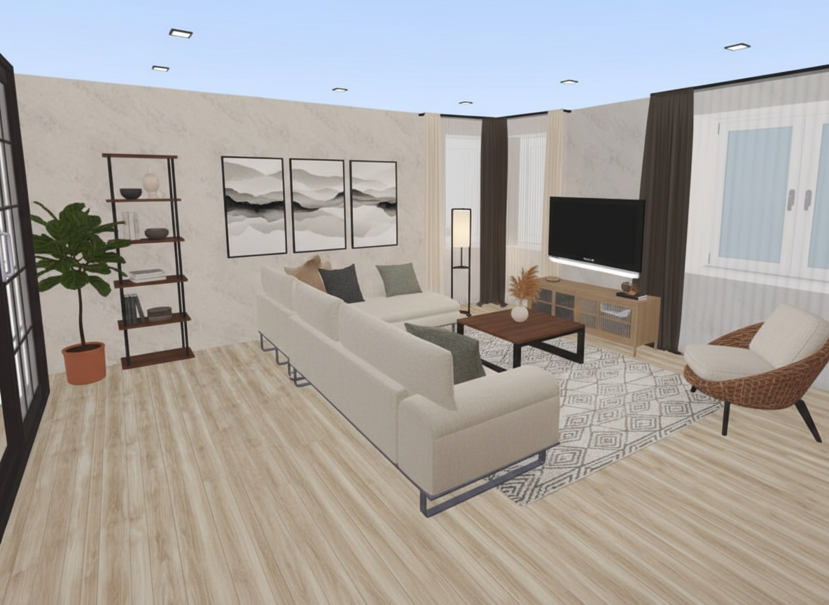 Дизайн гостиной в стиле Japandi — фото интерьера от нейросети RoomGPT