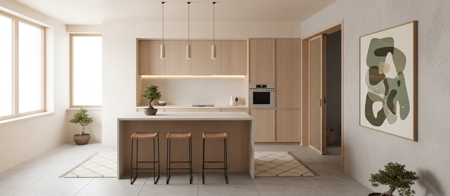 Дизайн кухни в стиле Japandi — фото интерьера от нейросети RoomGPT