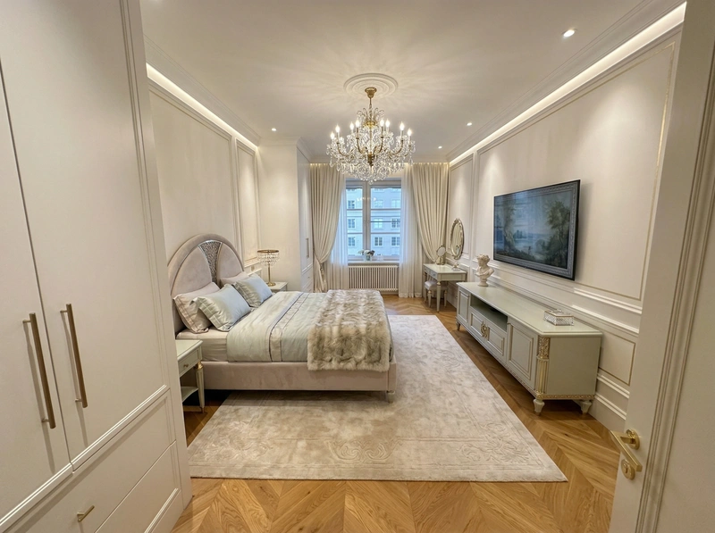 Дизайн спальни в стиле Неоклассика — фото интерьера от нейросети RoomGPT
