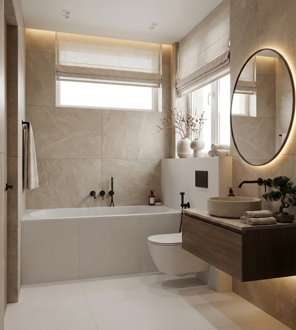 Дизайн ванной в стиле Japandi — фото интерьера от нейросети RoomGPT