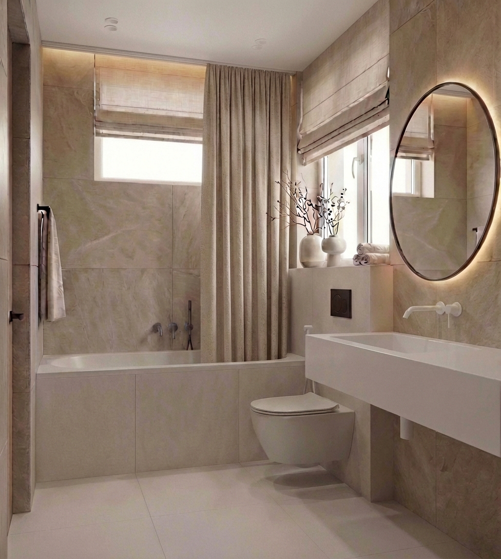 Дизайн ванной в стиле Japandi — фото интерьера от нейросети RoomGPT