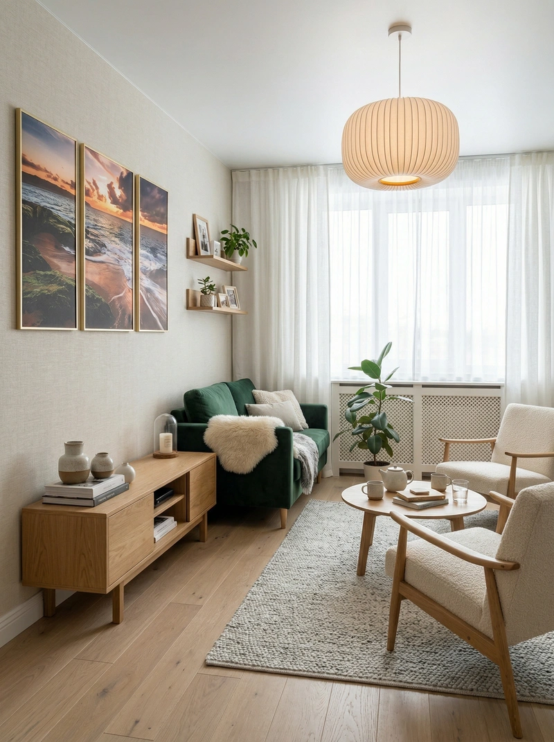 Дизайн гостиной в стиле Хюгге — фото интерьера от нейросети RoomGPT