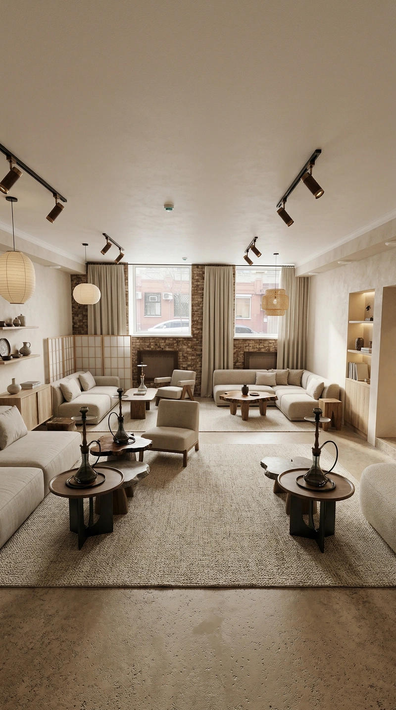 Дизайн гостиной в стиле Japandi — фото интерьера от нейросети RoomGPT