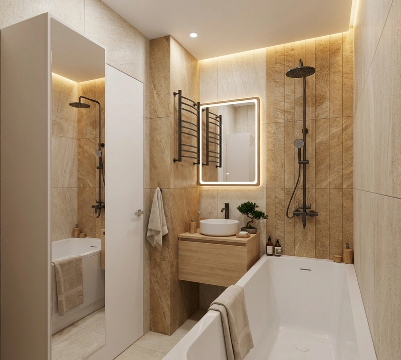 Дизайн ванной в стиле Japandi — фото интерьера от нейросети RoomGPT