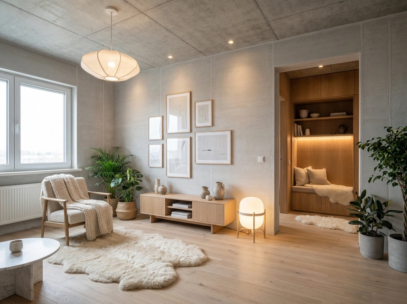 Дизайн гостиной в стиле Хюгге — фото интерьера от нейросети RoomGPT