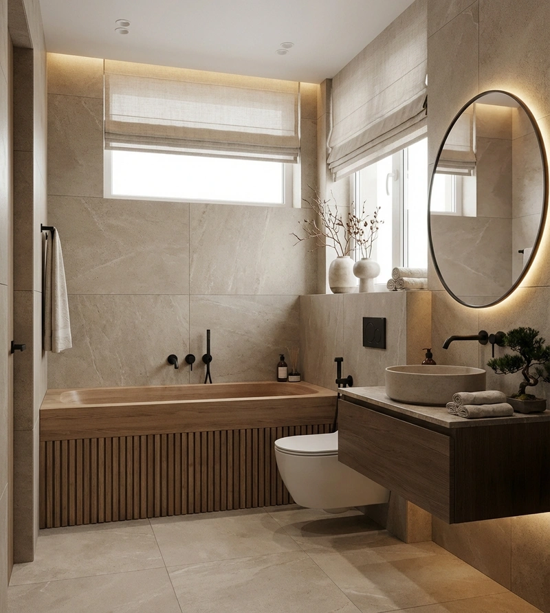 Дизайн ванной в стиле Japandi — фото интерьера от нейросети RoomGPT