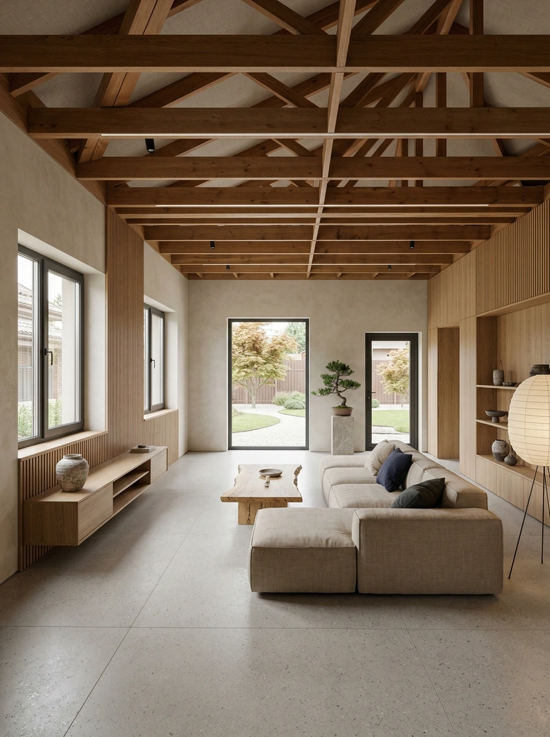 Дизайн гостиной в стиле Japandi — фото интерьера от нейросети RoomGPT