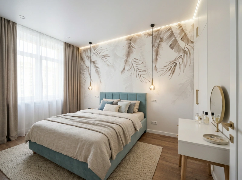 Дизайн спальни в стиле Сканди — фото интерьера от нейросети RoomGPT