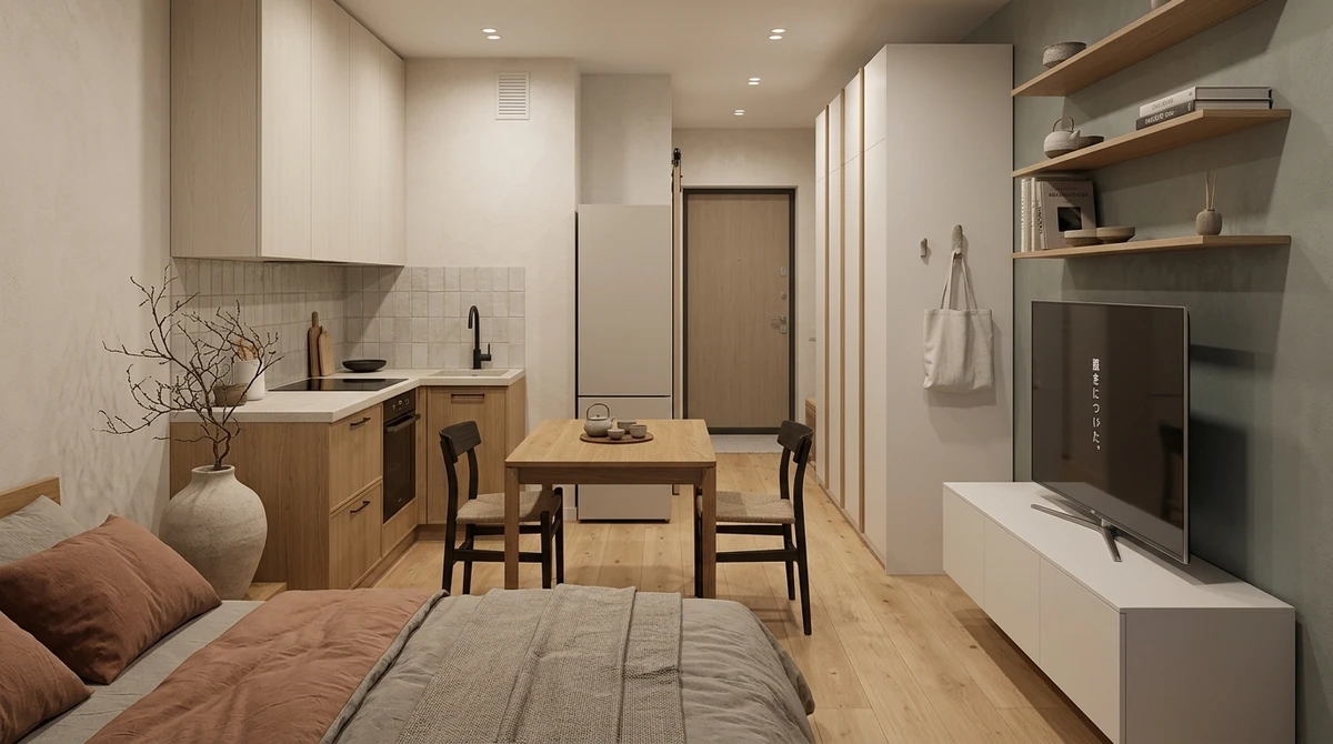 Дизайн интерьера в стиле Japandi — Кухня от нейросети RoomGPT
