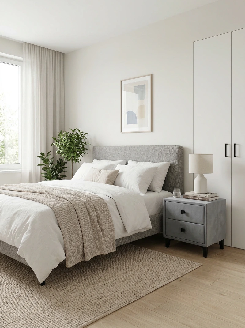 Дизайн спальни в стиле Сканди — фото интерьера от нейросети RoomGPT