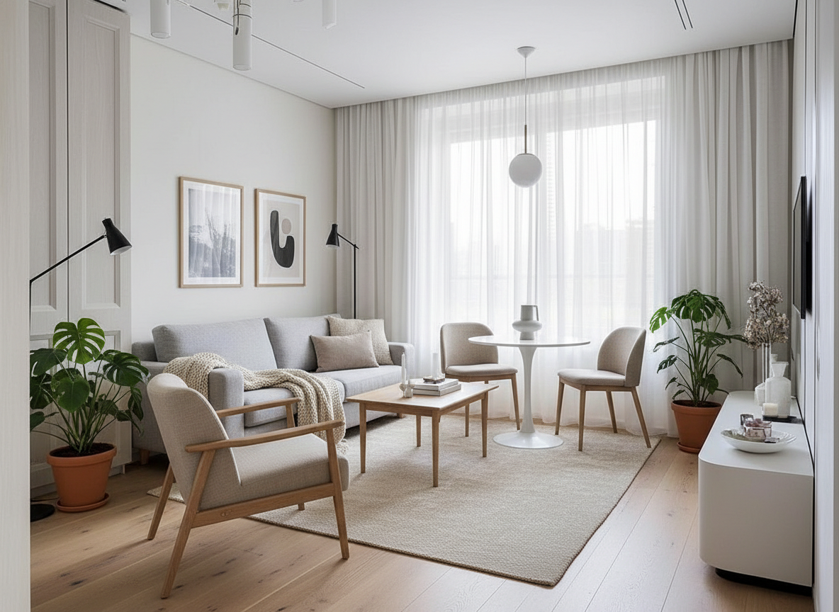 Дизайн гостиной в стиле Хюгге — фото интерьера от нейросети RoomGPT