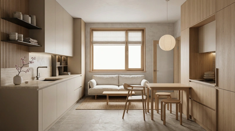 Дизайн кухни в стиле Japandi — фото интерьера от нейросети RoomGPT