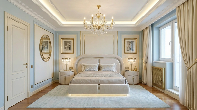 Дизайн спальни в стиле Неоклассика — фото интерьера от нейросети RoomGPT