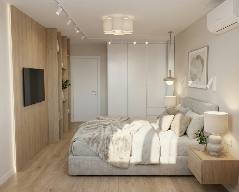 Дизайн спальни в стиле Сканди — фото интерьера от нейросети RoomGPT