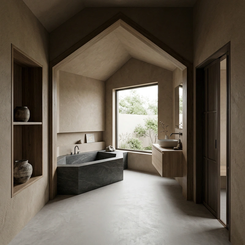 Дизайн ванной в стиле Japandi — фото интерьера от нейросети RoomGPT