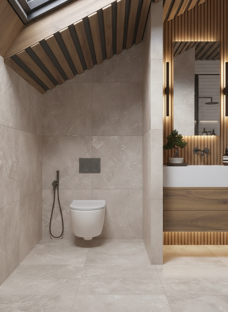 Дизайн ванной в стиле Japandi — фото интерьера от нейросети RoomGPT