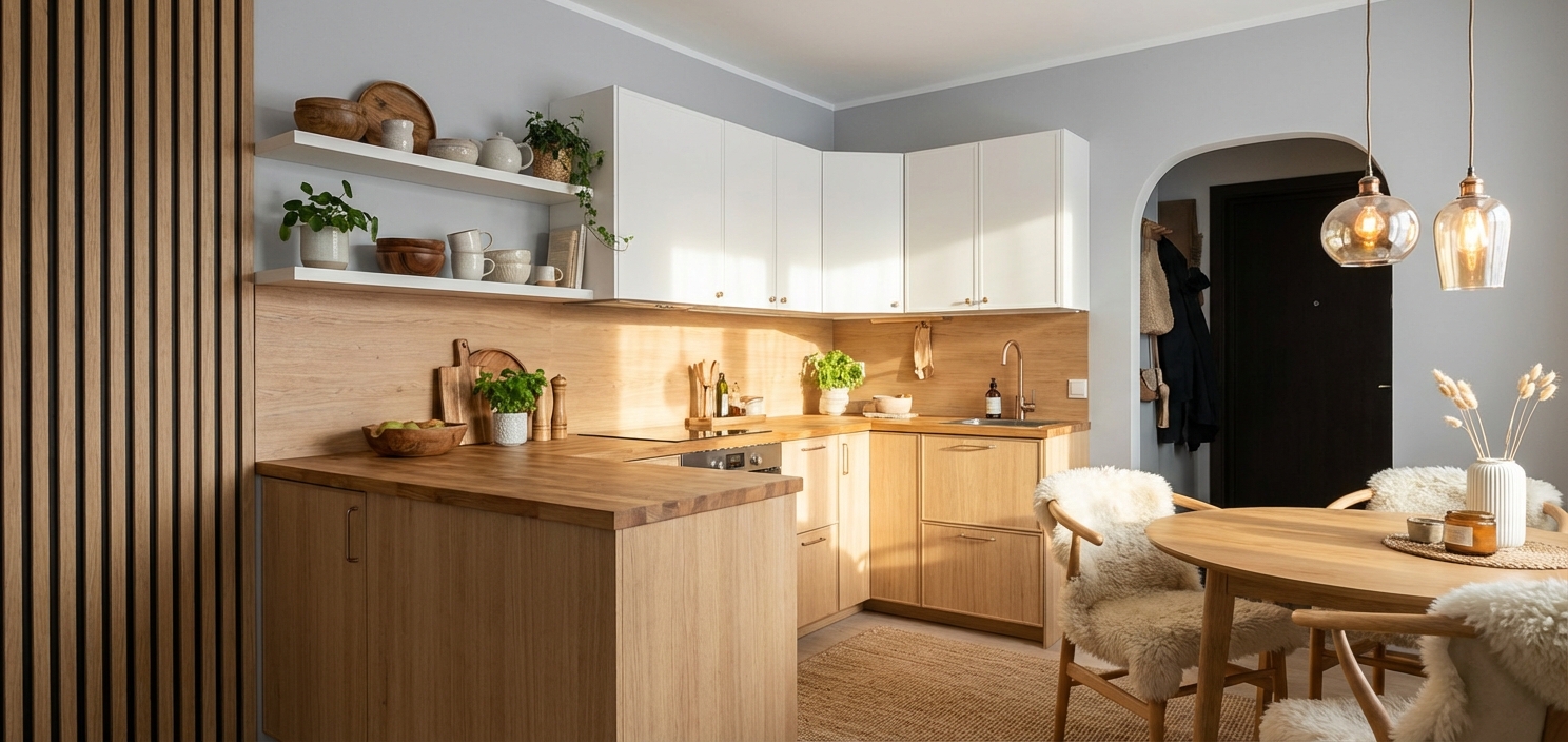 Дизайн кухни в стиле Хюгге — фото интерьера от нейросети RoomGPT