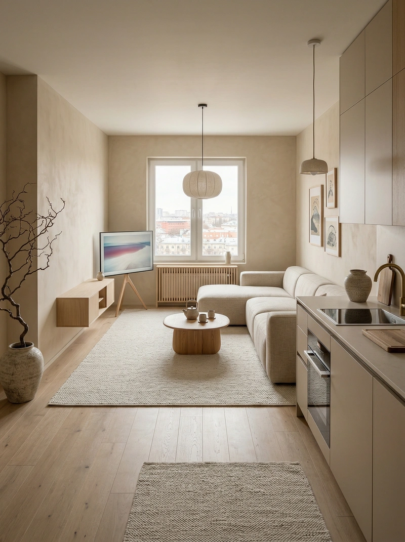 Дизайн гостиной в стиле Japandi — фото интерьера от нейросети RoomGPT