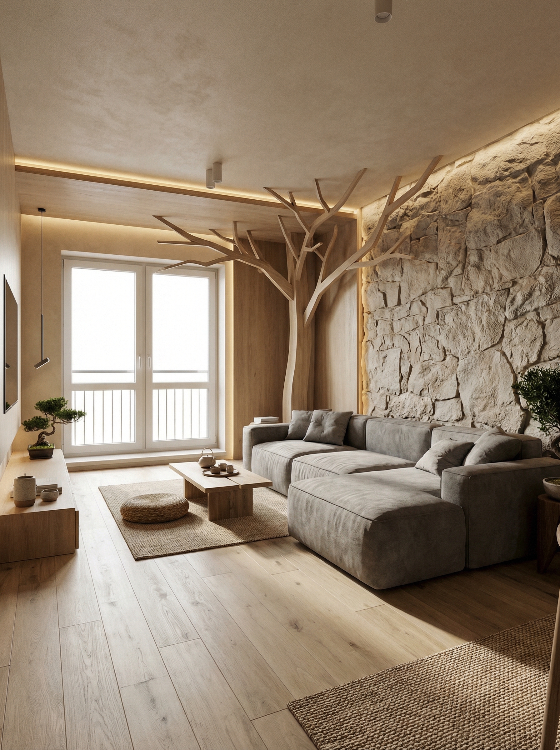 Дизайн гостиной в стиле Japandi — фото интерьера от нейросети RoomGPT