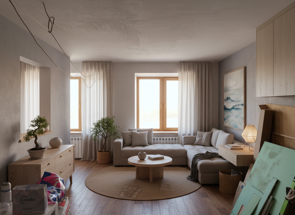 Дизайн гостиной в стиле Japandi — фото интерьера от нейросети RoomGPT