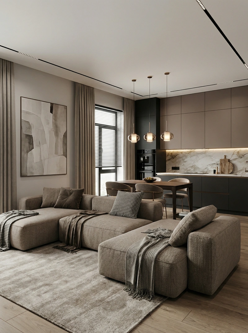 Дизайн интерьера в стиле Контемпорари — Гостиная от нейросети RoomGPT