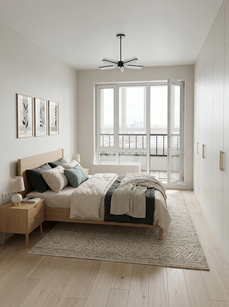 Дизайн спальни в стиле Сканди — фото интерьера от нейросети RoomGPT