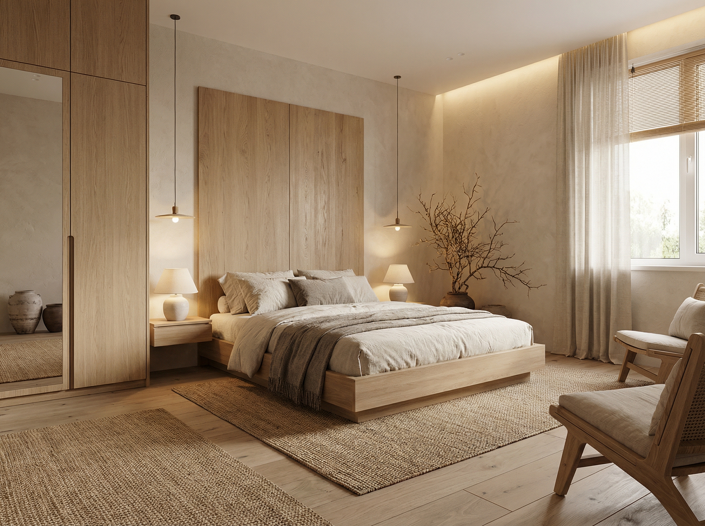 Дизайн спальни в стиле Japandi — фото интерьера от нейросети RoomGPT