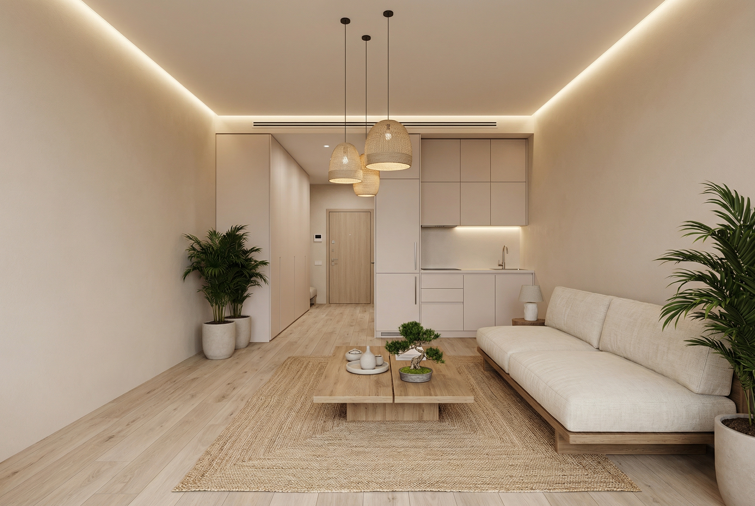 Дизайн гостиной в стиле Japandi — фото интерьера от нейросети RoomGPT