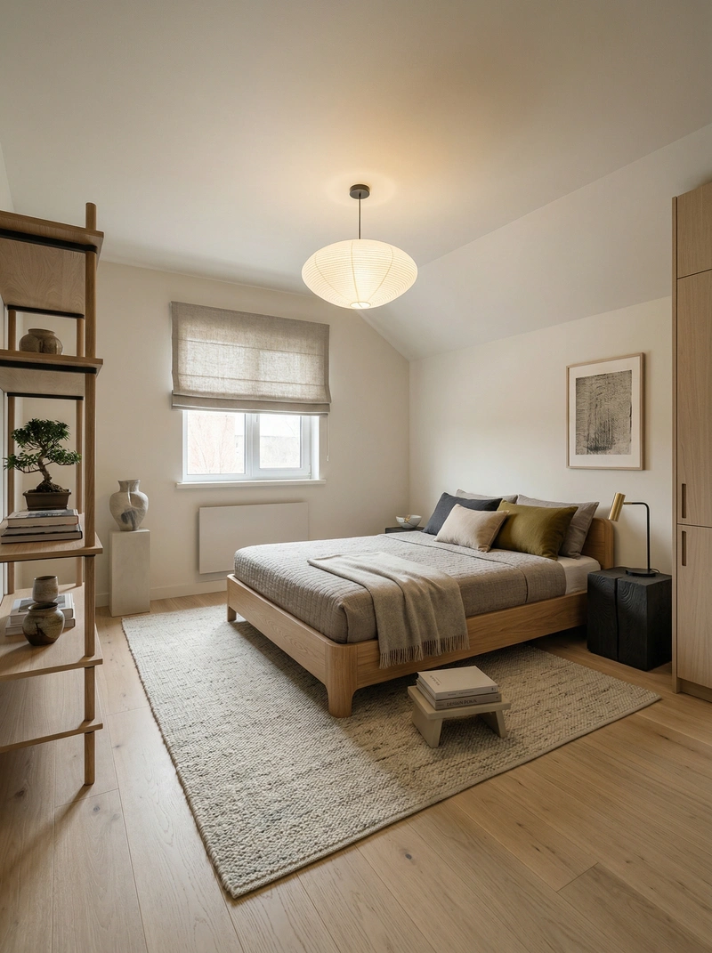 Дизайн спальни в стиле Japandi — фото интерьера от нейросети RoomGPT