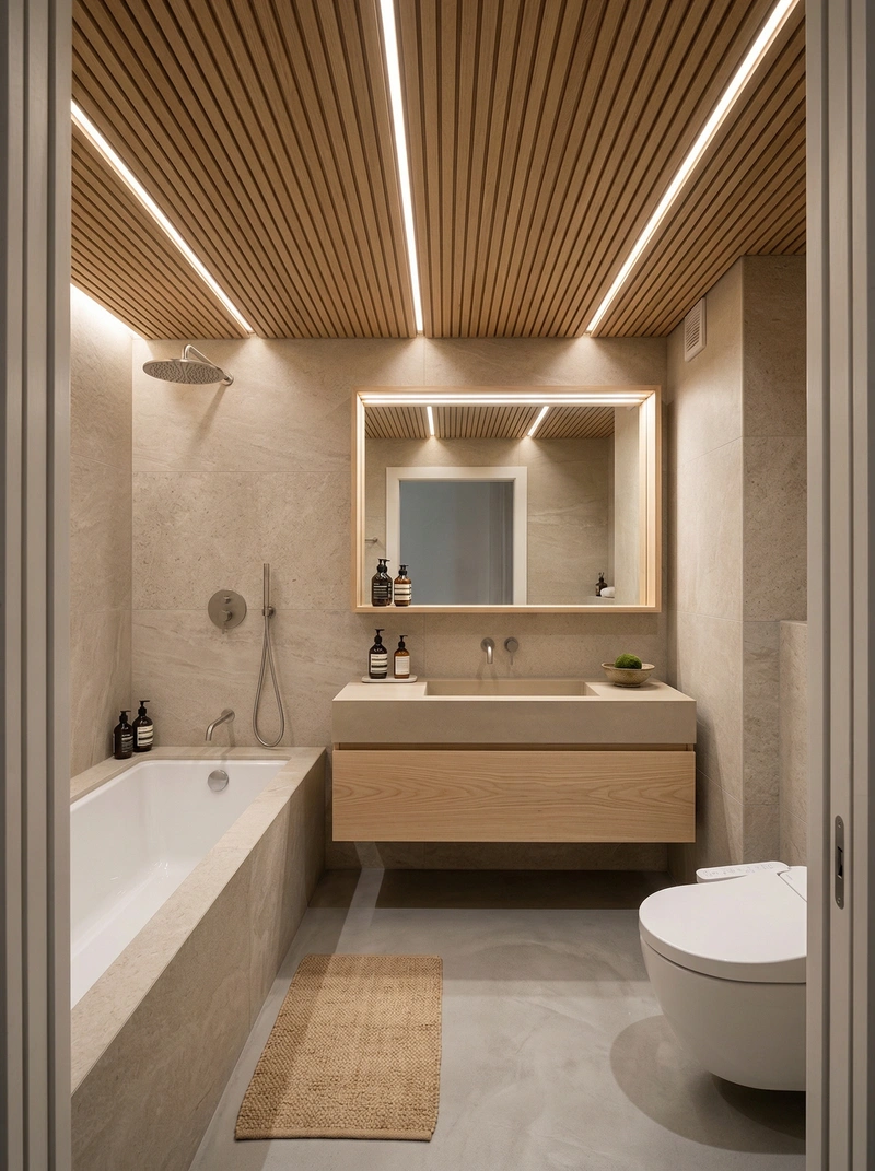 Дизайн ванной в стиле Japandi — фото интерьера от нейросети RoomGPT