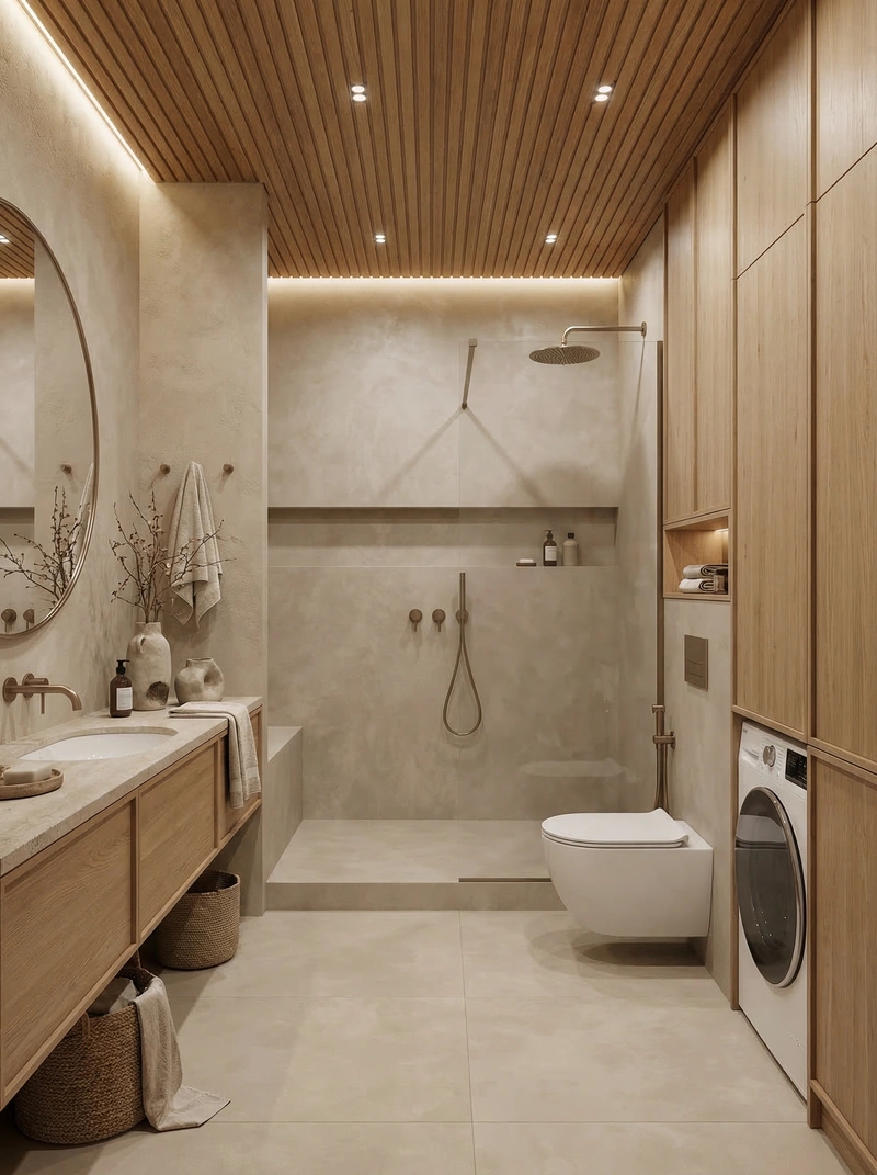 Дизайн ванной в стиле Japandi — фото интерьера от нейросети RoomGPT