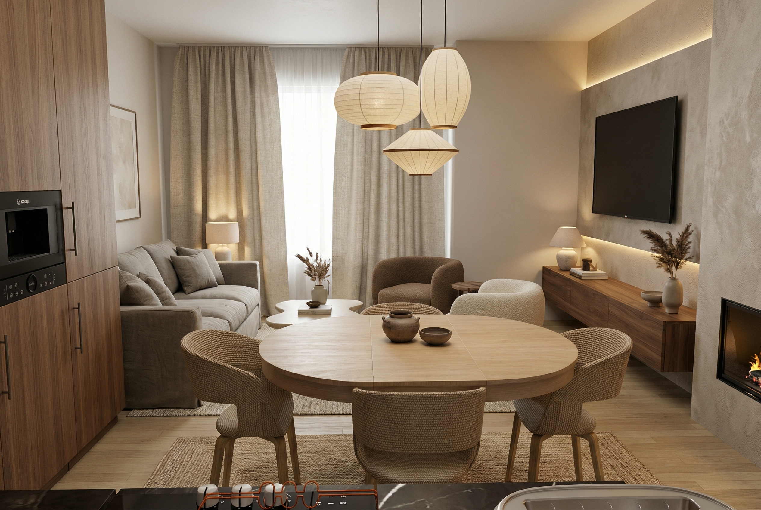 Дизайн гостиной в стиле Japandi — фото интерьера от нейросети RoomGPT