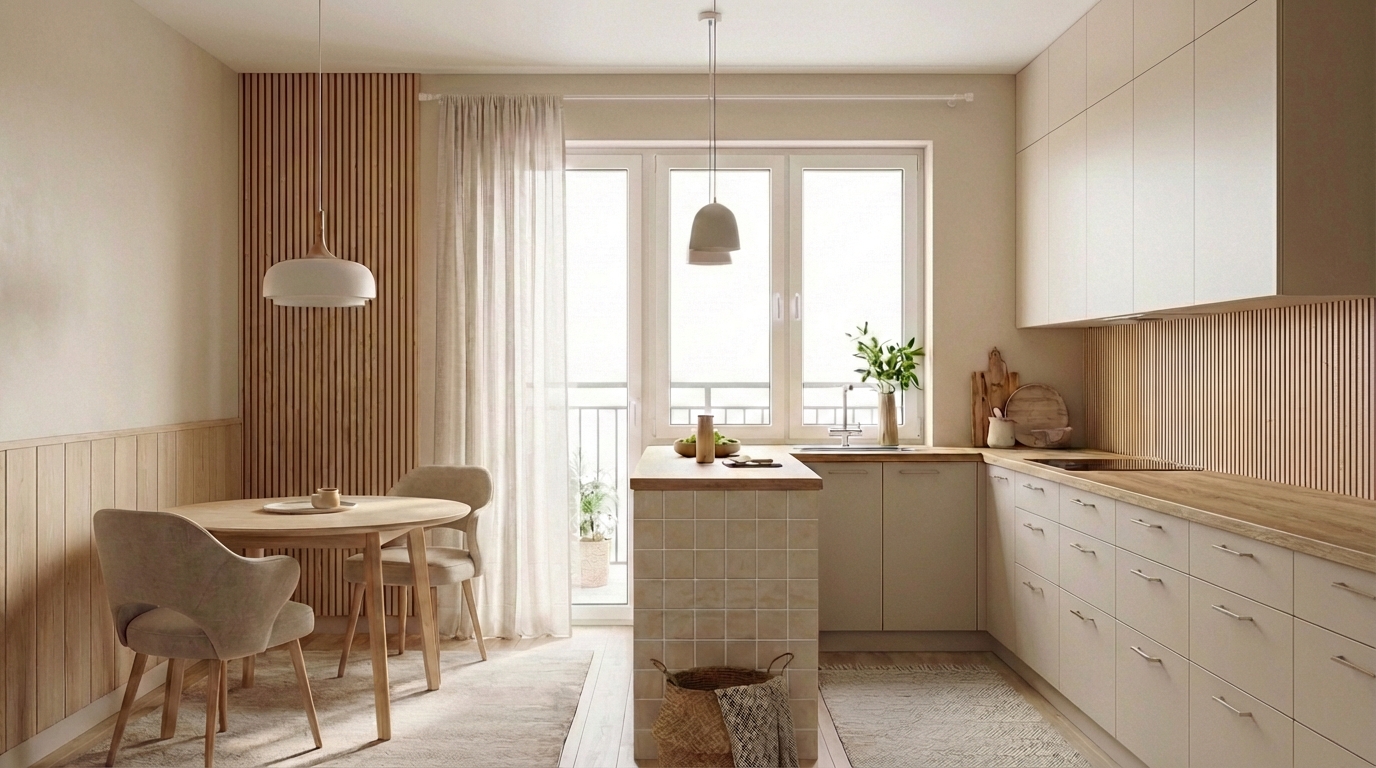 Дизайн кухни в стиле Хюгге — фото интерьера от нейросети RoomGPT