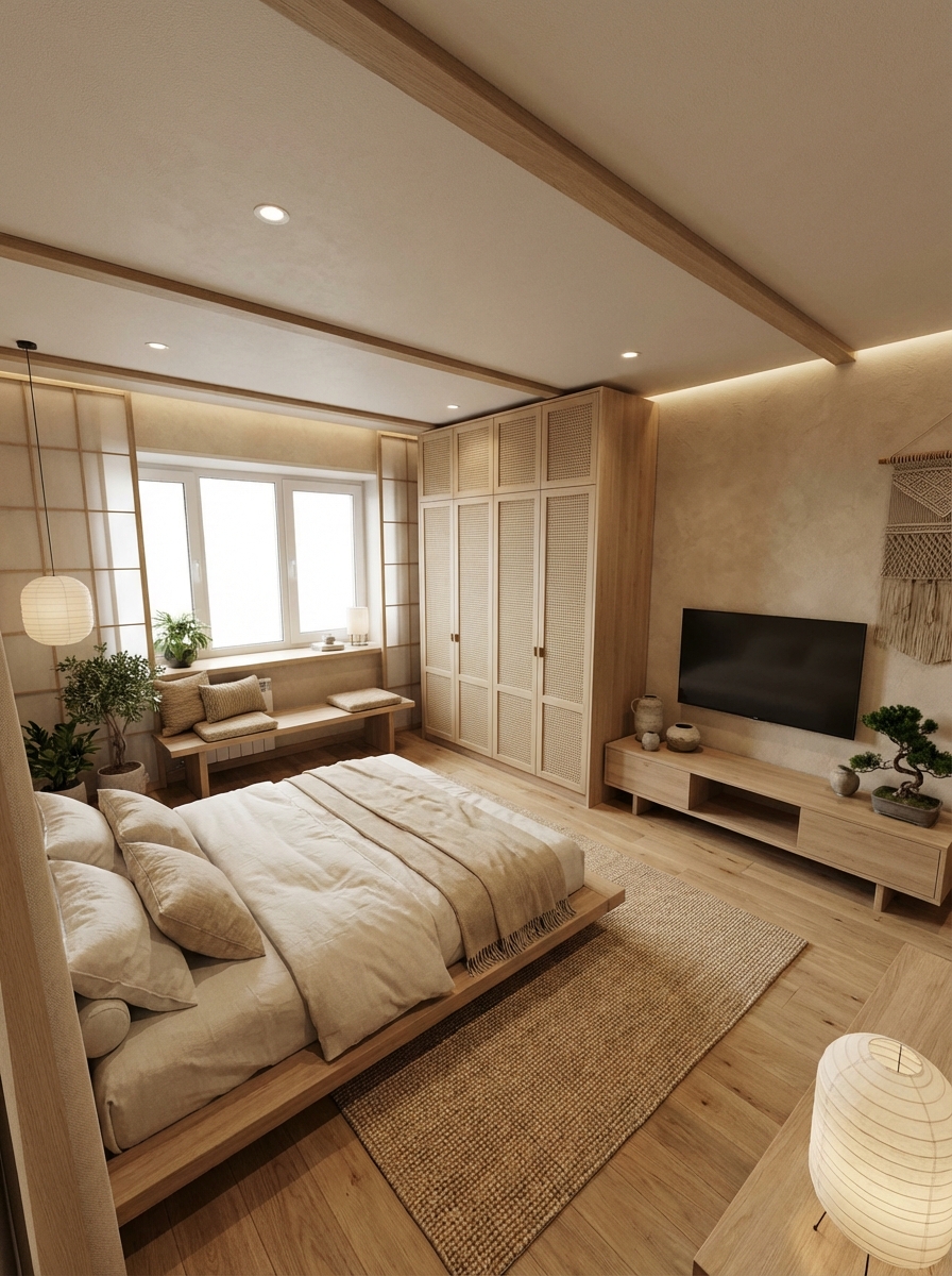 Дизайн спальни в стиле Japandi — фото интерьера от нейросети RoomGPT