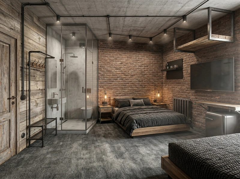 Дизайн спальни в стиле Лофт — фото интерьера от нейросети RoomGPT
