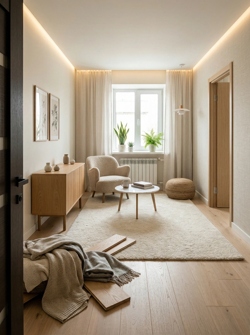 Дизайн гостиной в стиле Хюгге — фото интерьера от нейросети RoomGPT