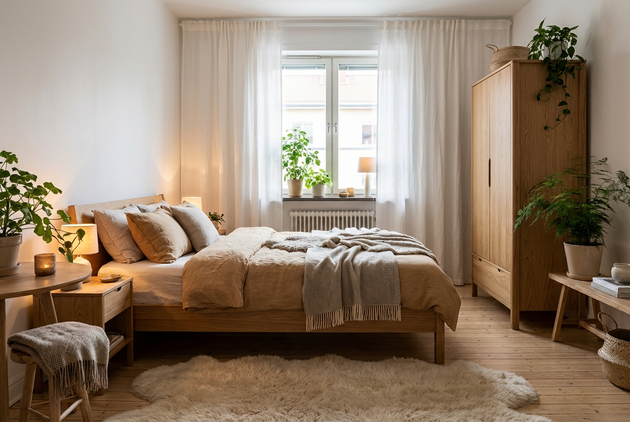 Дизайн спальни в стиле Хюгге — фото интерьера от нейросети RoomGPT