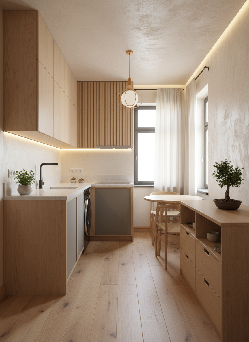 Дизайн кухни в стиле Japandi — фото интерьера от нейросети RoomGPT