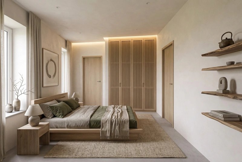 Дизайн спальни в стиле Japandi — фото интерьера от нейросети RoomGPT