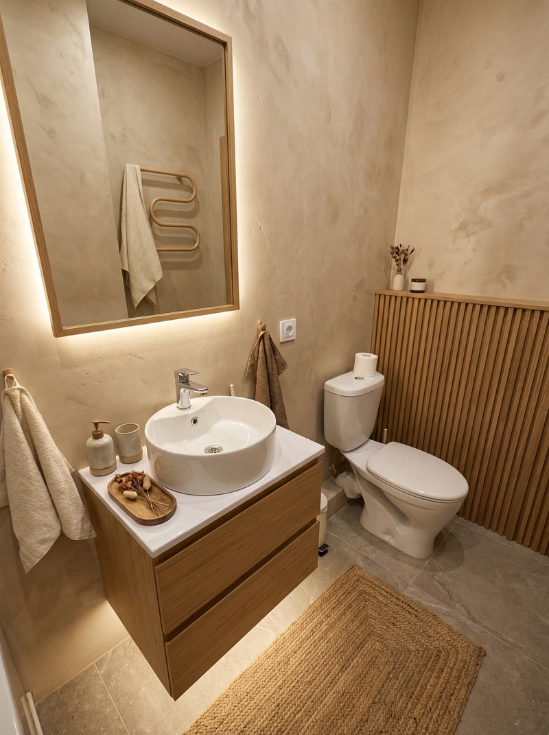 Дизайн ванной в стиле Japandi — фото интерьера от нейросети RoomGPT