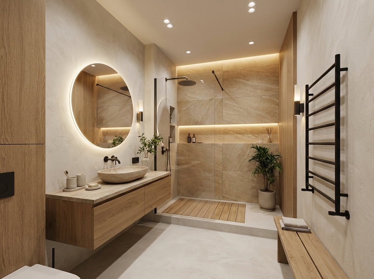 Дизайн ванной в стиле Japandi — фото интерьера от нейросети RoomGPT