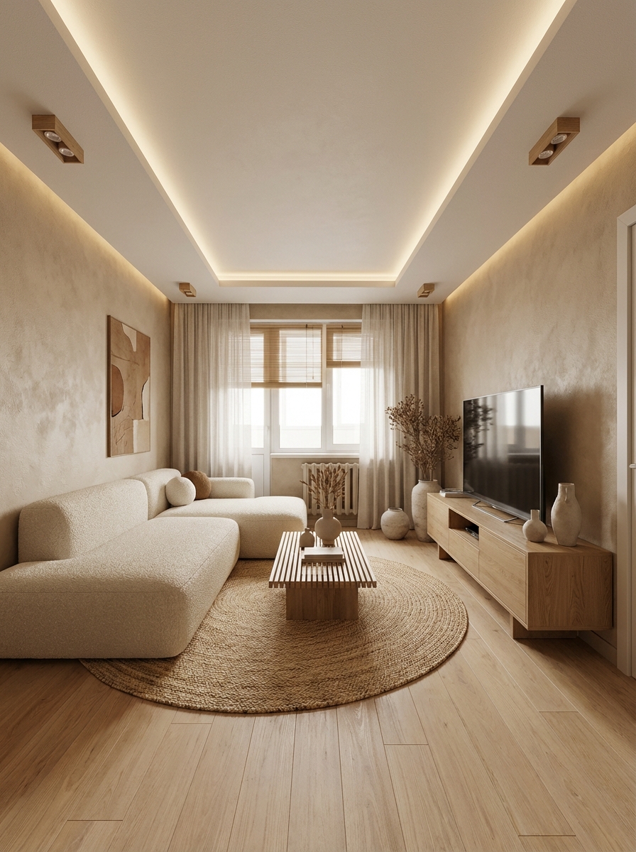 Дизайн гостиной в стиле Japandi — фото интерьера от нейросети RoomGPT