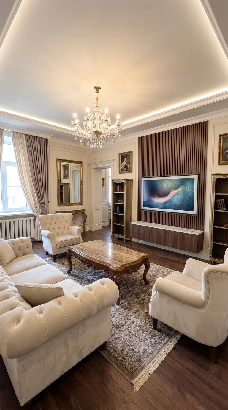 Дизайн гостиной в стиле Классика — фото интерьера от нейросети RoomGPT