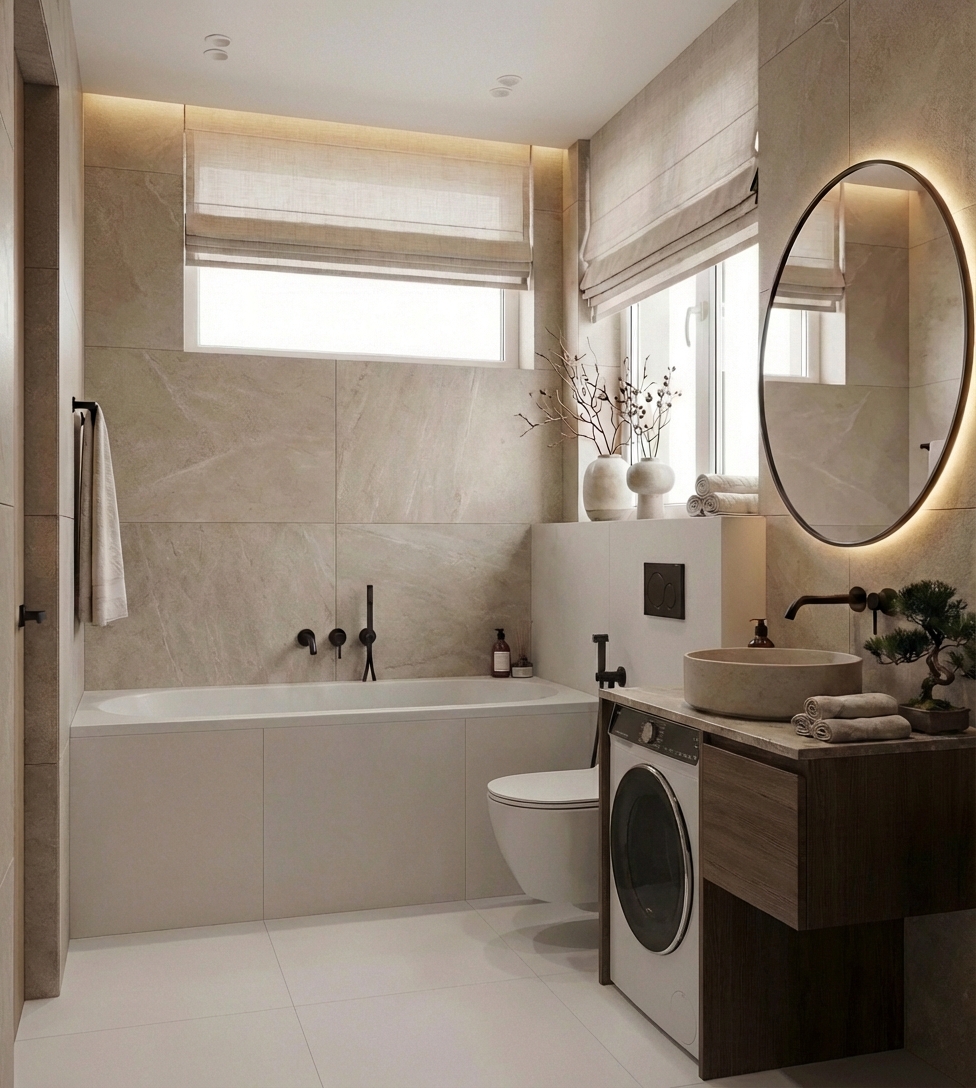 Дизайн ванной в стиле Japandi — фото интерьера от нейросети RoomGPT