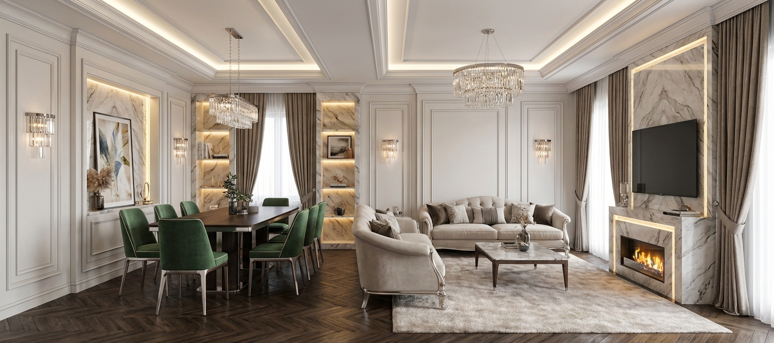 Дизайн гостиной в стиле Классика — фото интерьера от нейросети RoomGPT