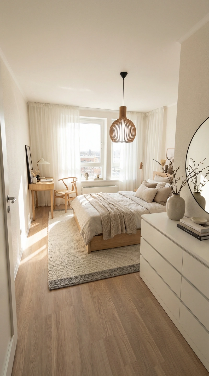 Дизайн спальни в стиле Сканди — фото интерьера от нейросети RoomGPT