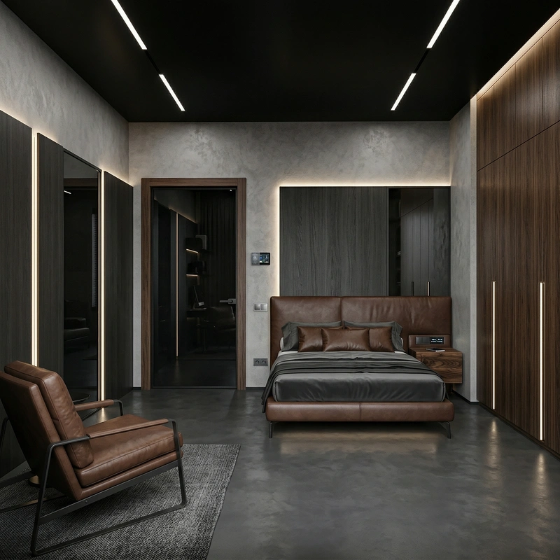 Дизайн спальни в стиле Блэктэк — фото интерьера от нейросети RoomGPT